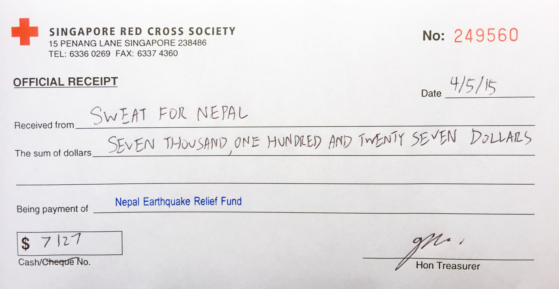 Sweatfornepal charity contribution to singapore red cross society receipt