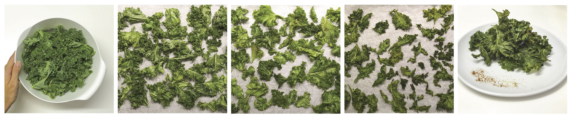 Steps to making kale chips, with washing and using oven and serving