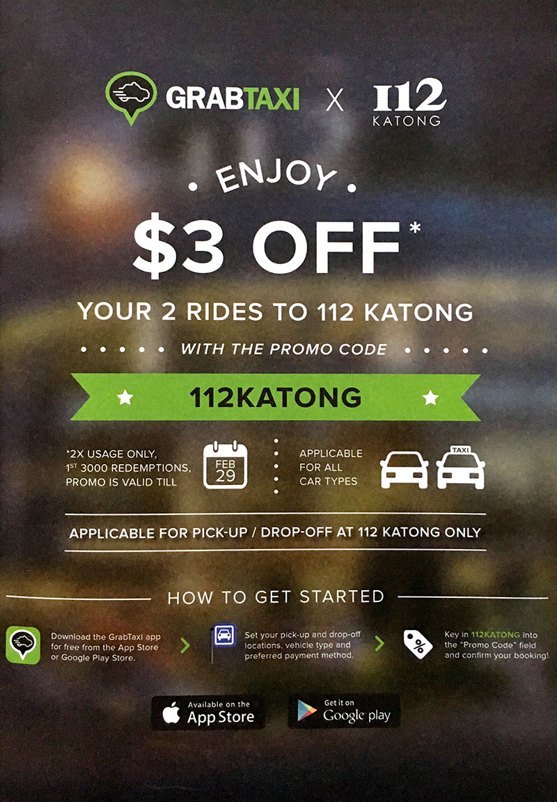 GrabTaxi Promotion for Katong i12 $3 off promo code 112KATONG