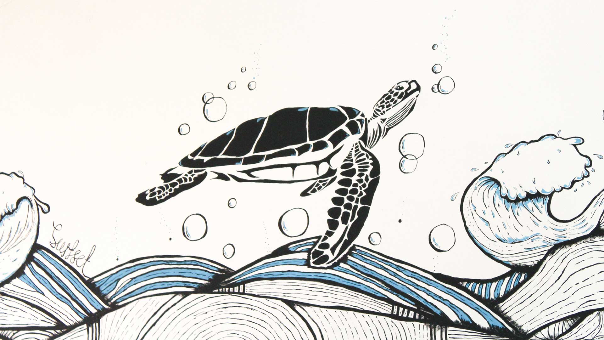 SURFSET Fitness Turtle Mural on wall with waves