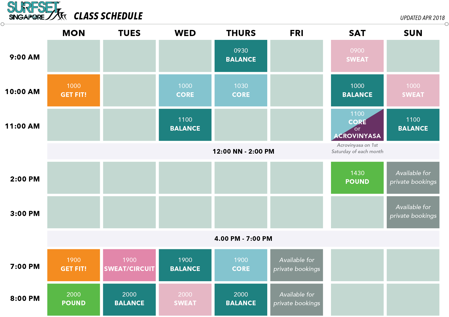 SURFSET Fitness Singapore Schedule 2018-04 SURFSET Fitness Singapore Schedule 2018-04